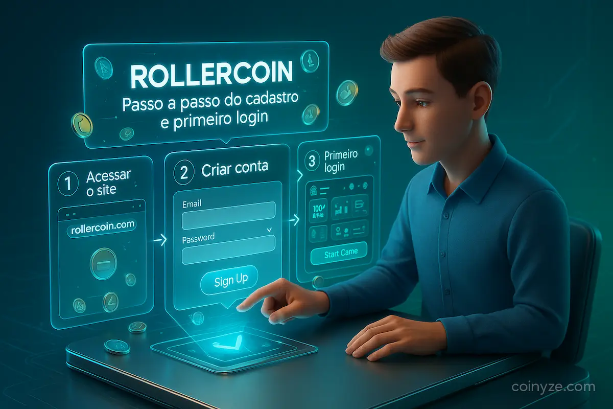 RollerCoin 회원가입 및 첫 로그인 과정을 단계별로 시각적으로 설명합니다.